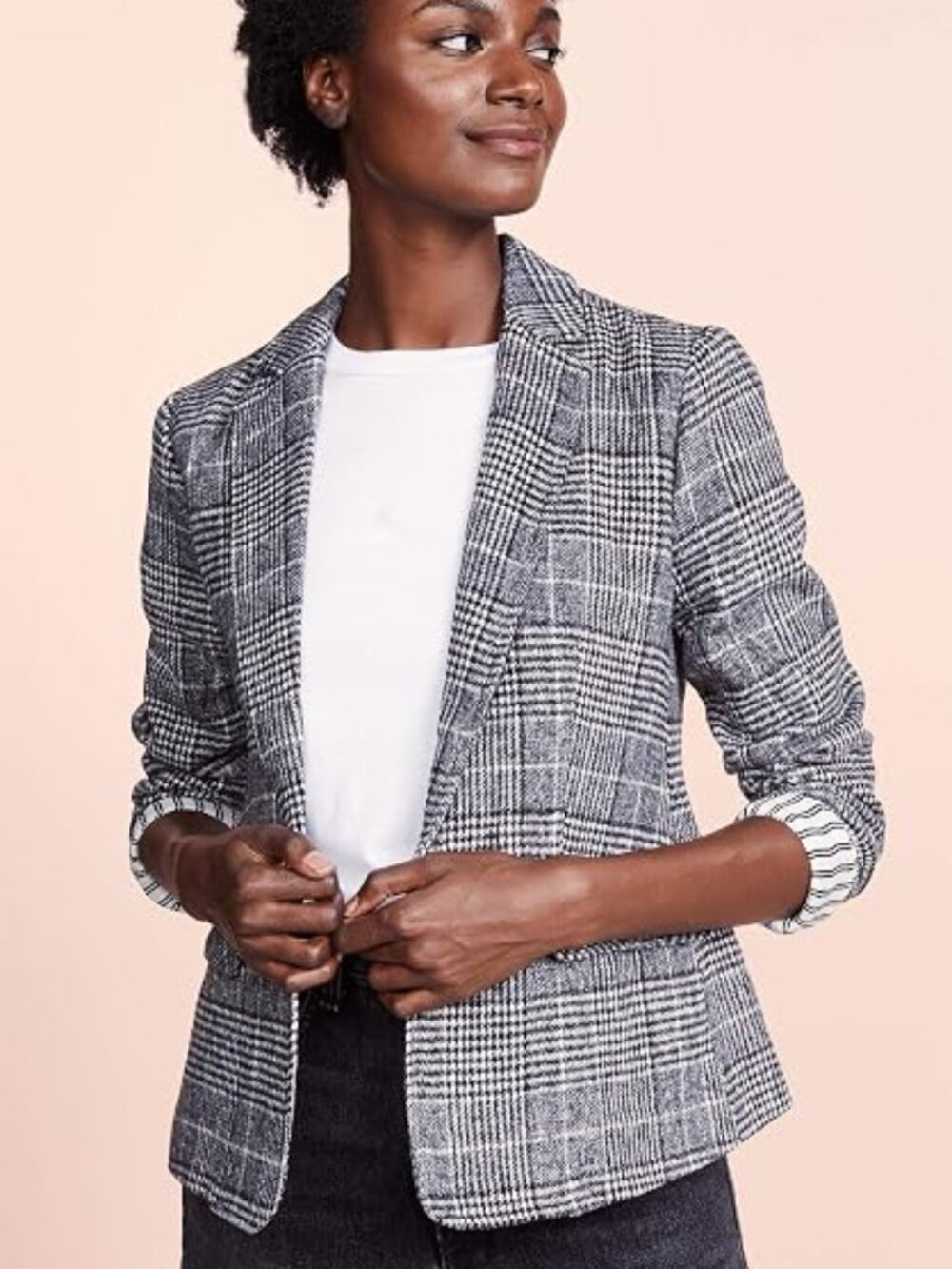 Cupcakes & Cashmere Womens Black/White Bela Yarn Dye Plaid Blazer Polyester Sz 0
